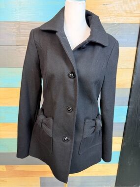 Betsey Johnson Black Wool Blend Pea Coat Decorative Buttons Bow Shaped Pockets